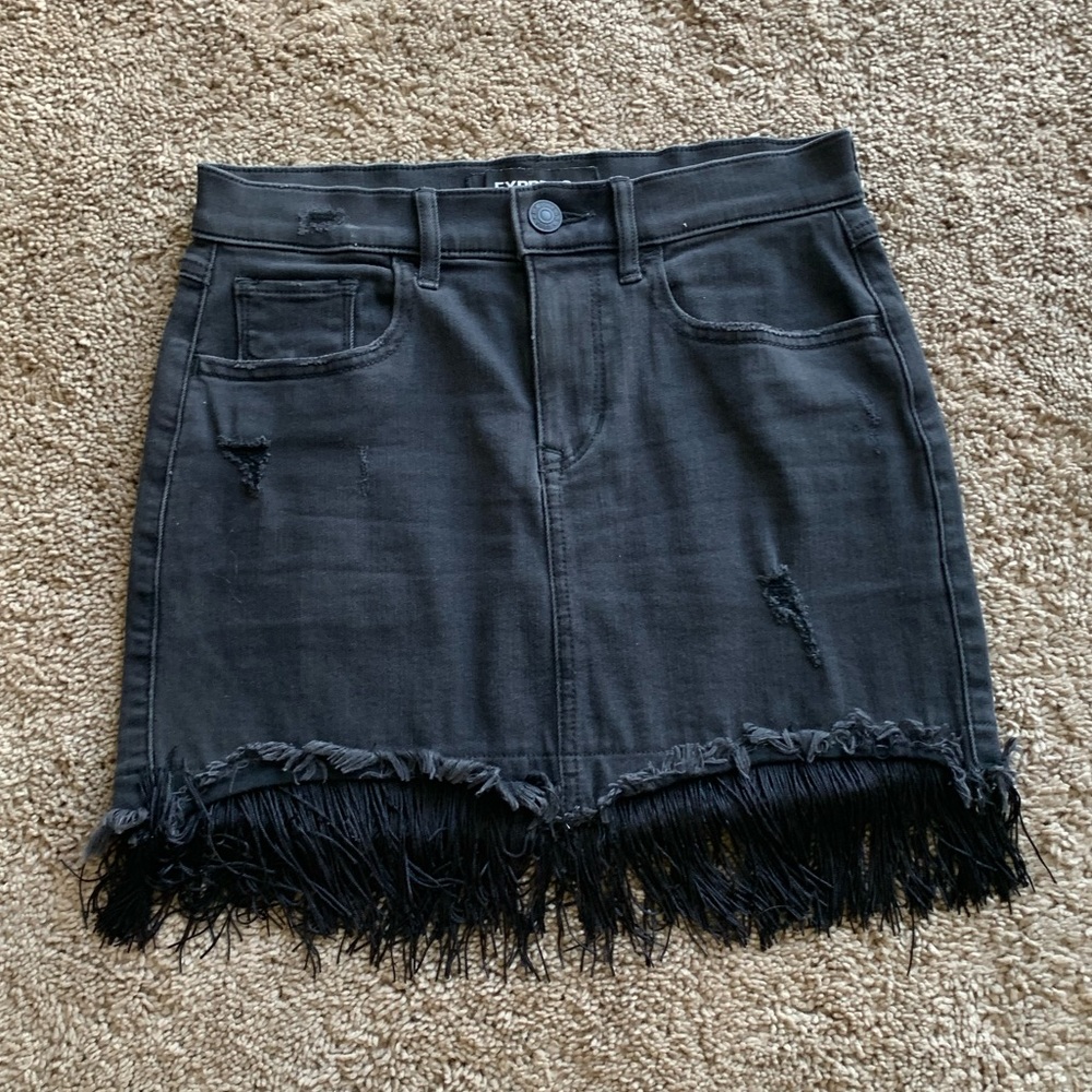 Express Black Fringe Denim Mini Skirt